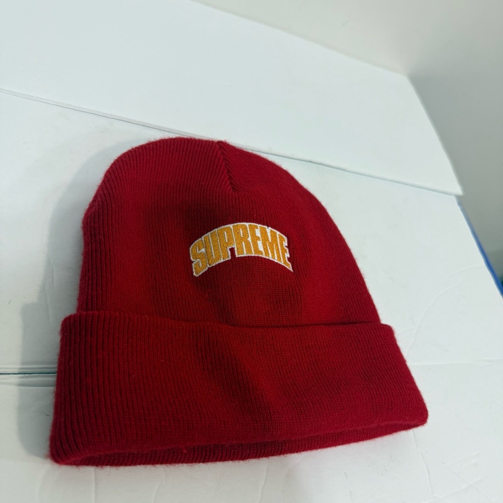 Supreme Red Knit Yellow Arch Logo Embroidered Beanie One Size